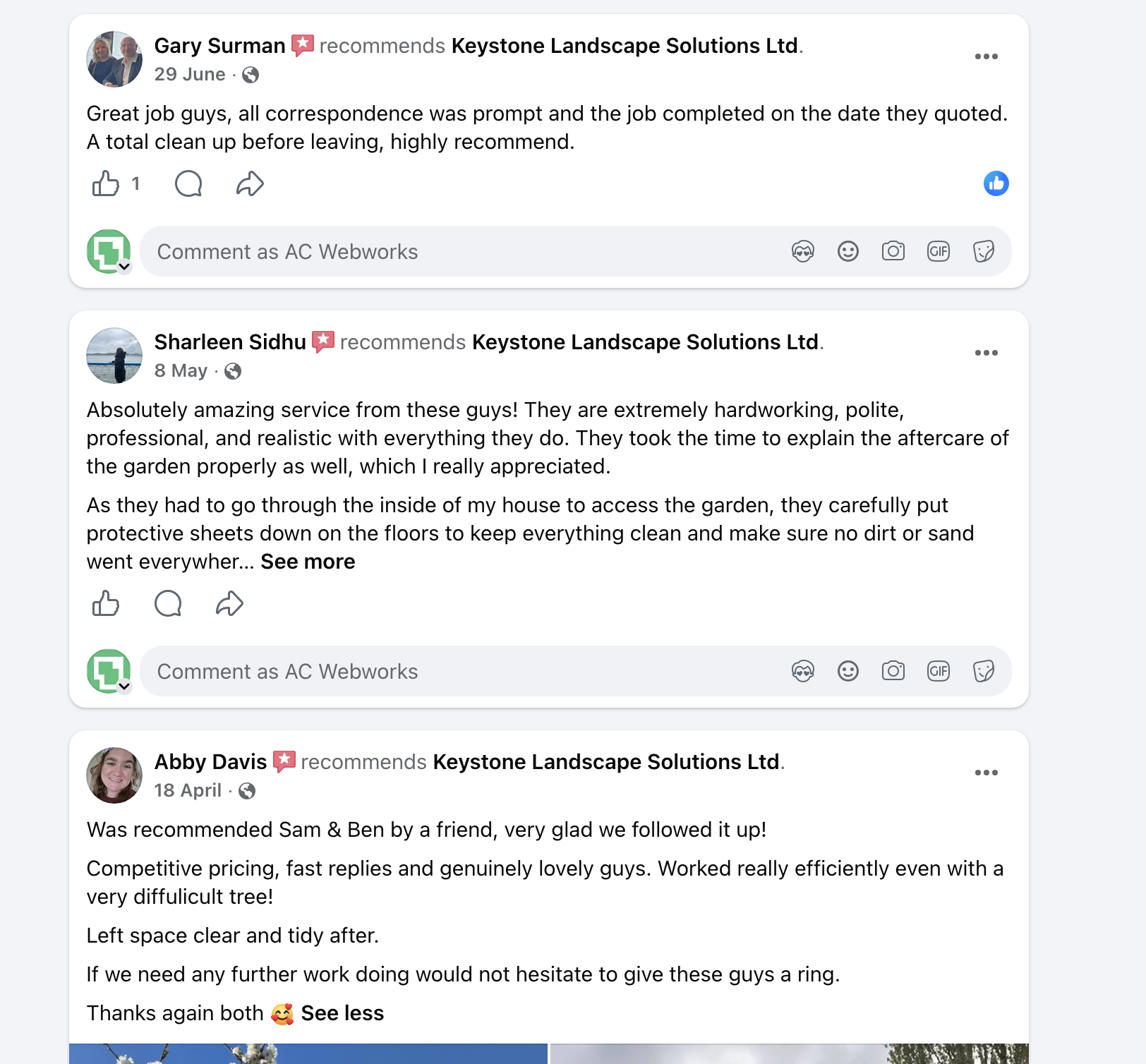 Screenshot of genuine Facebook recommendations for Keystone Landscape Solutions